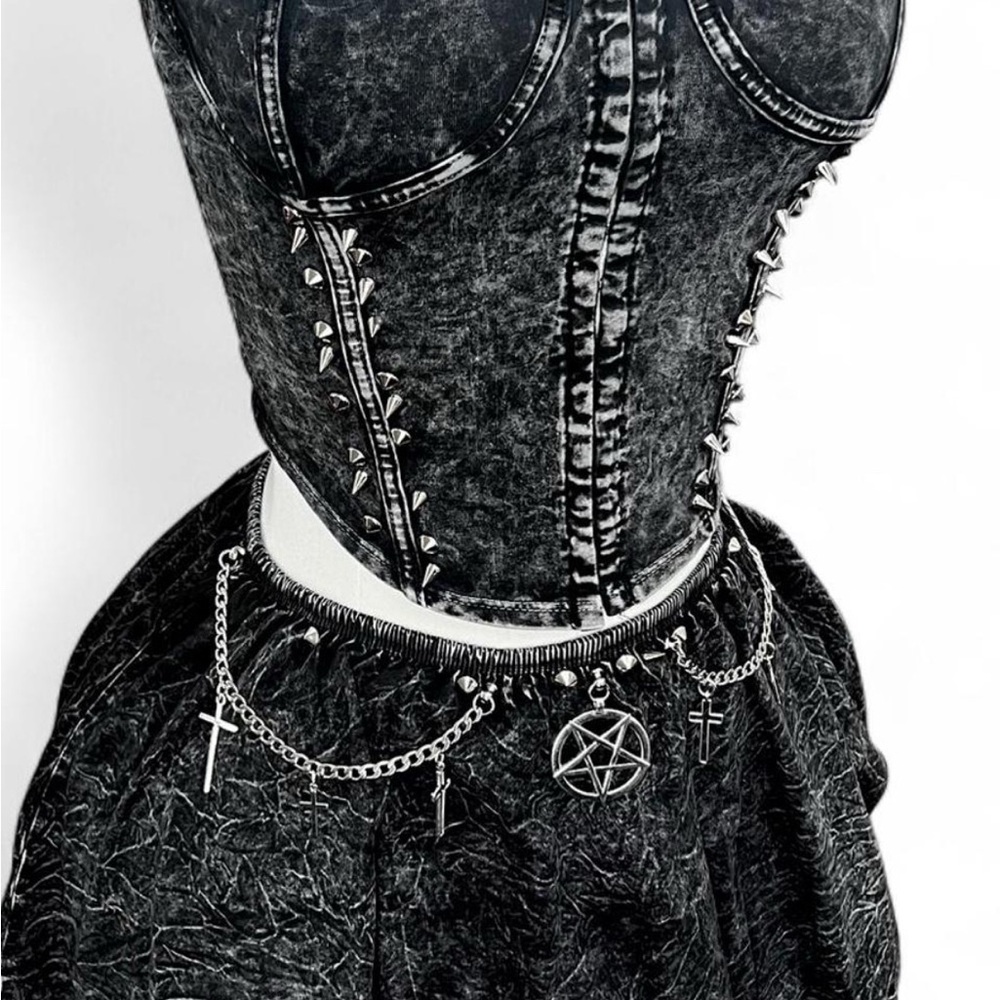 SOLD! Black Dolls Kill Studded Corset Top + Mini Skirt with Silver Chain Details